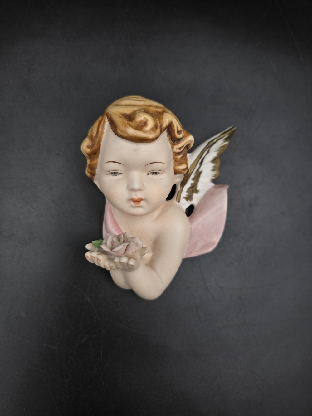 Handcrafted Ceramic Cherub Wall Accent in Pink and Beige